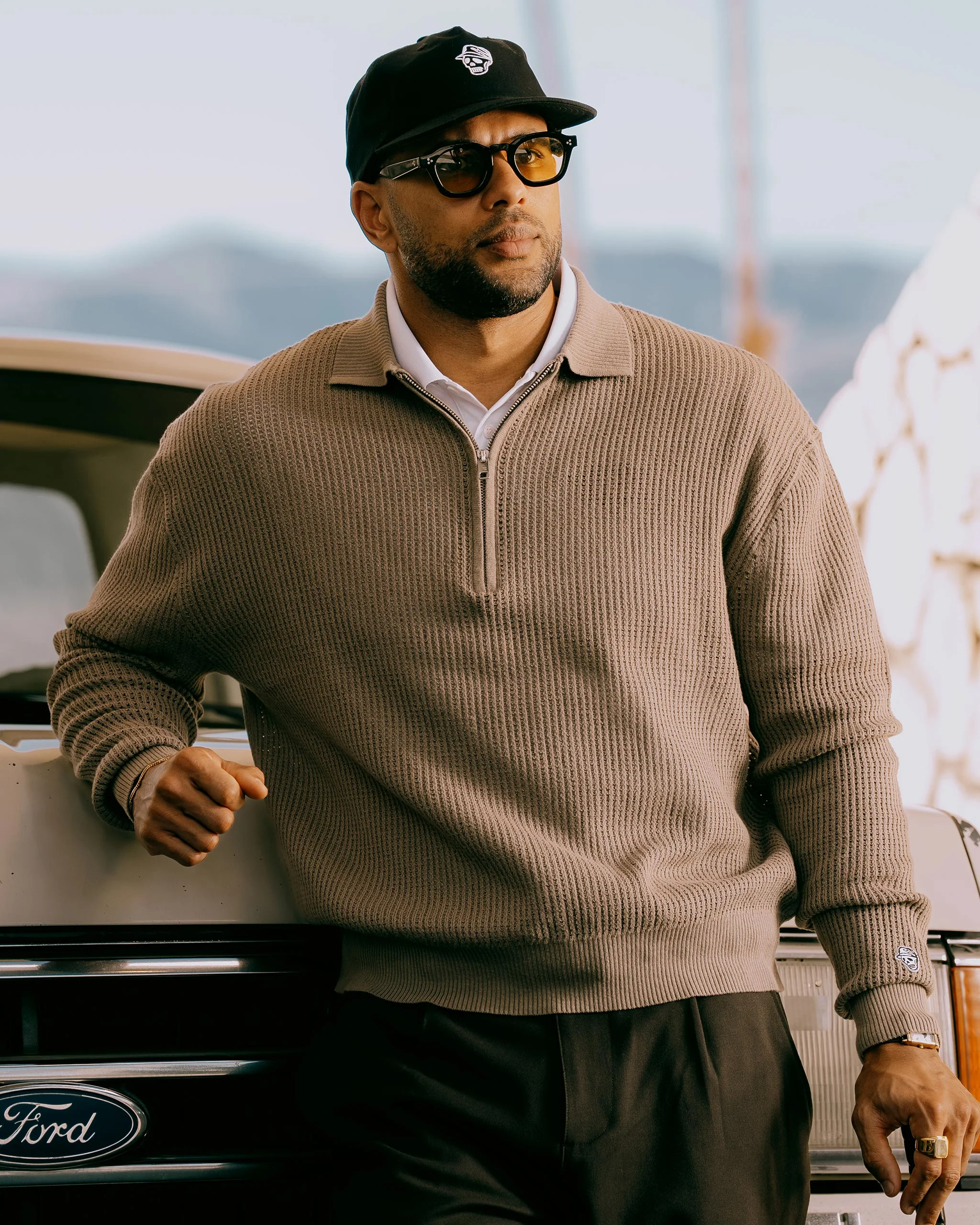 Loose Knit Quarter Zip Polo - Greige - Image 5